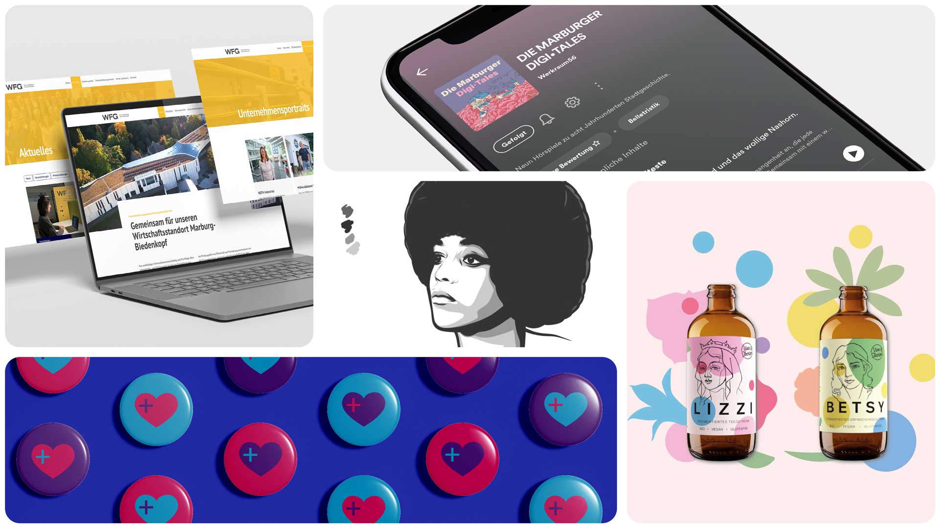 Webseiten, Corporate Design, Podcast-Cover, Illustrationen und Package-Design.